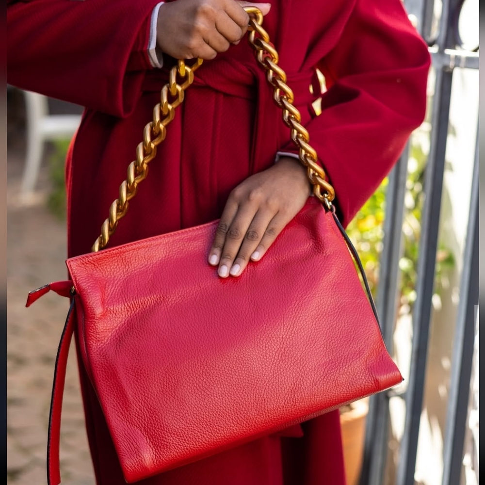 Viola Castellani Red Leather Chunky Gold Chain  Shoulder Bag Made In Italy  -New